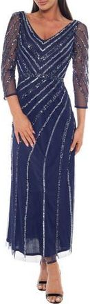 OLEG CASSINI Sequin V-Neck Three-Quarter Sleeve Dress in Navy at Nordstrom Rack, Size X-Large