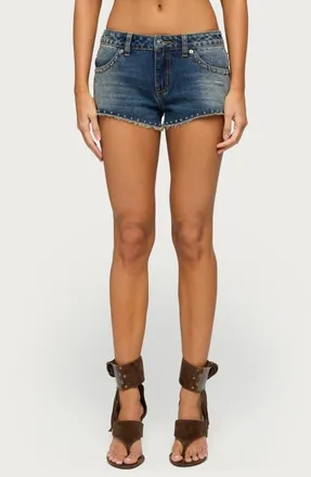 Edikted Studded Cutoff Denim Shorts in Medium-Vintage-Indigo at Nordstrom, Size X-Large
