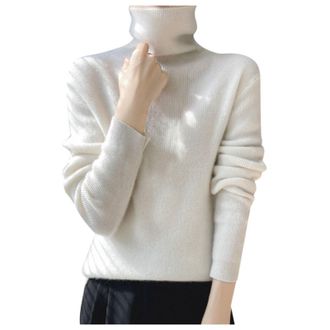 Generic High Neck Jumpers for Women Wool Sweater for Women Long Sleeve Knitted Tops Ladies Fall and Winter Warm Sweater White