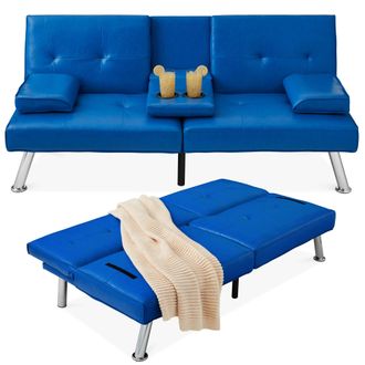Best Choice Products Modern Faux Leather Convertible Futon Sofa w/ Removable Armrests, 2 Cupholders