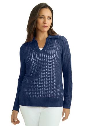 Jessica London Pullover Crochet Polo in Navy at Nordstrom, Size Large