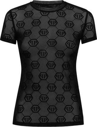 Philipp Plein T-shirt Slim Fit Monogram - Dames - T-shirts - Zwart - L - Tule - Tops