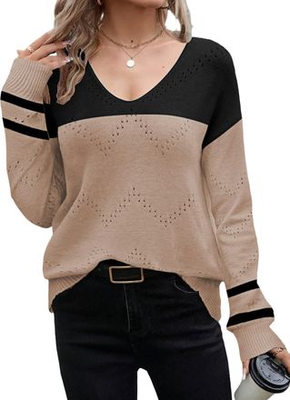 Zeagoo Womens Jumpers for Women UK V Neck Sweater Longsleeve Tops for Winter Fall Spring Lightweight Sweatshirt Black Apricot XXL