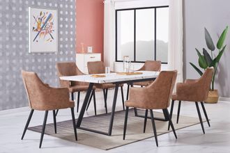 Life Interiors Life Interiors - Juego De Comedor Toga Lux Zarah: Mesa De Comedor Extensible Blanca Y Juego De 6 Sillas De Comedor De Cuero Beige - Comedor Cocina