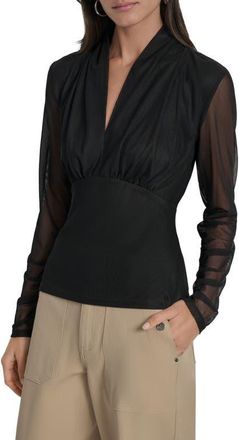 DKNY V-Neck Mesh Sleeve Top in Black at Nordstrom, Size X-Small
