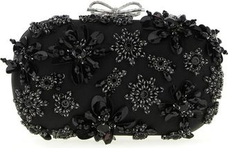 Self Portrait Satijnen Clutch met Bloemen en Kristallen - Dames - Clutches - Zwart - ONE Size - Satijn - Tassen