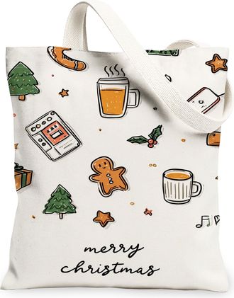 Generic Christmas Themed Canvas Tote Bags, Festive Holiday Design Reusable Grocery Bags, Lightweight Washable Shoulder Strap Canvas, White, 13x15 Inch