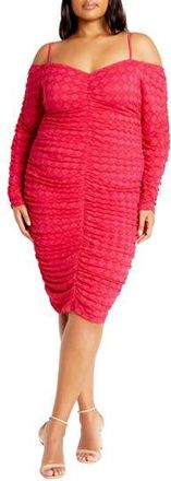 City Chic Lorelai Ruched Cold Shoulder Long Sleeve Dress in Pop Pink at Nordstrom Rack, Size Xl/22W