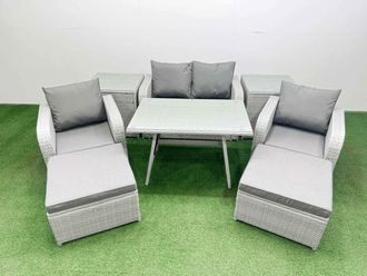 Fimous PE Wicker Rattan Garden Furniture Set Reclining Chair 2 Side Tables in Light Grey