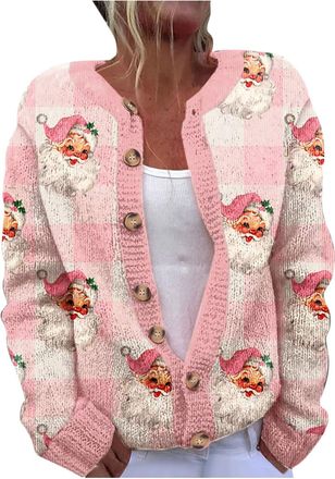 Generic Reindeer Print Long Sleeve Lightweight Sweater - Comfy Chunky Outerwear Womens Cardigan Open Front Button Down V Neck Ribbed Knit with Pocket