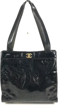 Chanel Camellia Black Patent Leather Handbag Shoulder Bag Tote Bag (Pre-Owned)