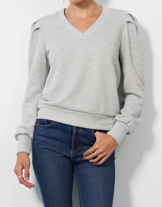 bobi Puff Sleeve V-Neck Pullover In Grey