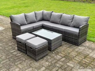 Fimous High Back Rattan Corner Sofa Set Outdoor Furniture Rectangular Coffee Table 2 Small Footstools 8 Seater in Dark Grey