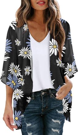 Generic Womens Casual Floral Printed Puff Sleeve Chiffon Kimono Cardigan Summer Beach Loose Cover Up Blouse Tops Lightweight Cardigan Jackets for Women A-Whit