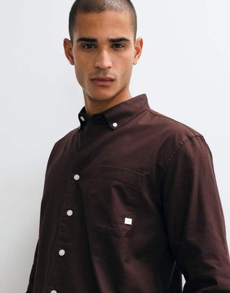 Farah Brewer camicia con logo a maniche lunghe marrone scuro