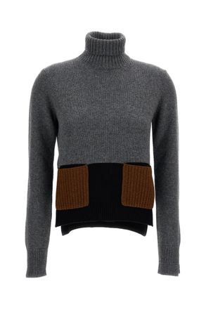 Plan C Grey Cashmere-Blend Bicolor Turtleneck Sweater
