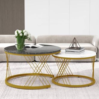 Matteo Modern Nesting Coffee Table Set of 2 - Marble Top, Gold Metal Frame