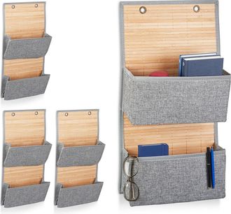 Relaxdays 4 Bolsas Colgantes Almacenaje, Organizadoras, Ba&ntilde;o, Puerta Armario Y Pared, 62x33x12 Cm, Plegables, Bamb&uacute; Y Tela, Gris