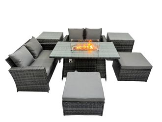 Fimous Outdoor Love Sofa Set 6 Seat & Gas Firpit Table 2 Stools 2 Side Table in Dark Grey