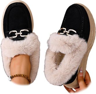 Generic Warm Plush-lined Loafers with Buckle,Low Top Round Toe Fur Lined Moccasins Women with Metal Buckle,Winter fur lined Snow Boots (Black,8.5)