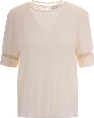Fabiana Filippi Short-Sleeved Blouse In Washed Crepe De Chine With Tulle Trims