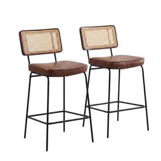 Urban Meuble Set de 2 taburetes de bar de piel sint&eacute;tica con respaldo de rat&aacute;n