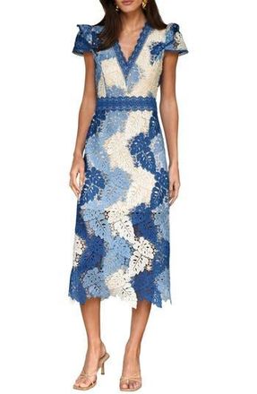 Adelyn Rae Adeline Palm Lace Midi Dress in Sapphire Blue/cream at Nordstrom Rack, Size Medium