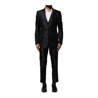 Dolce & Gabbana Single Breasted Suits, male, Blue, Size: S Black Jacquard 3 Piece Suit