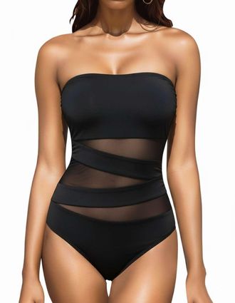 Holipick Women Strapless Bandeau One Piece Swimsuits Sexy Mesh Cutout Bathing Suits Tummy Control Swimwear, Black 1, Medium