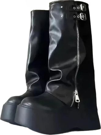 Generic Punk Woman Boots Knee High Platform Chunky Heels Trend Punk Gothic Rock Leather Fashion Shoes Motorcycle Footwear(8.5US)