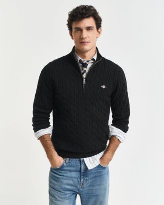 GANT Men Cotton Cable Knit Half-Zip Sweater (XXXL) BLACK