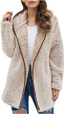Generic Womens Fleece Jackets Ladies Zip Up Long Hoodie Fluffy Fleece Jacket Loose Long Sleeve Teddy Bear Coat Winter Warm Soft Sherpa Lined Sweatshirt Solid 