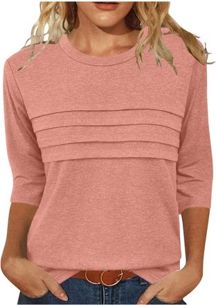 Generic 3/4 Length Sleeve Womens Tops Round Neck Casual Tunic Tops Pleated Shirts Dressy Holiday Lounge Elegant Tunic Blouse Pink
