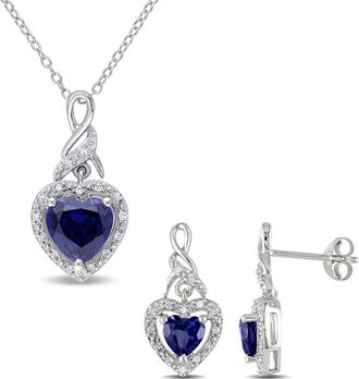 Delmar Lab-Grown Blue Sapphire & Diamond Drop Earrings & Necklace Set at Nordstrom Rack
