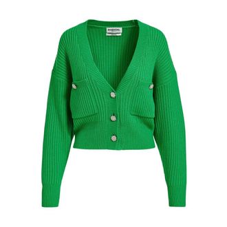 Essentiel Cardigans, female, Green, Size: L V-neck Cardigan with Rhinestone Buttons