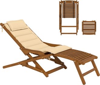 OUTSUNNY Tumbona Silla Plegable De Madera De Acacia, Con Reposapi&eacute;s Desmontable Y Coj&iacute;n Con Reposacabezas, Carga 160 Kg, 158x61x70 Cm, Beige