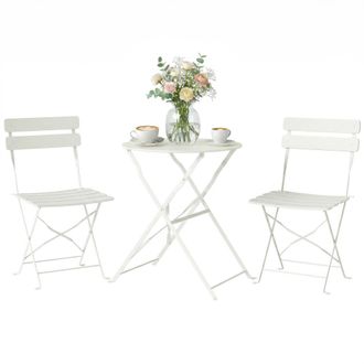 OUTSUNNY Conjunto De Mesa Y Sillas De Terraza Exterior De 3 Piezas, Con 2 Sillas Plegables, Mesa Redonda, Estructura Met&aacute;lica Electrof&oacute;rica, Crema