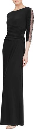 S.L. Fashions Ruched Waist Embellished Sleeve Gown in Black at Nordstrom, Size 10