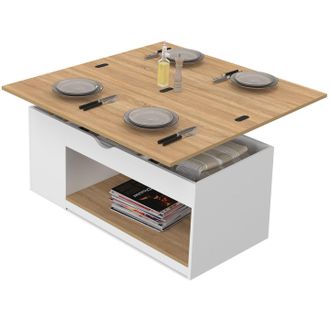 IDMarket Tavolino Rettangolare Con Piano Sollevabile, Trasformabile In Tavolo Da Pranzo Elea, 100 Cm, Legno Bianco E Impiallacciato Faggi