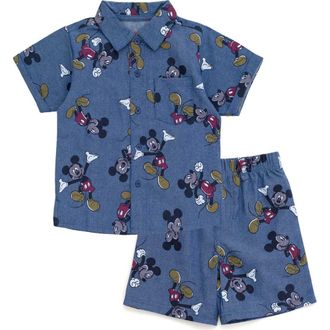 Disney Button-Down T-Shirt & Shorts Set in Mickey Mouse Blue at Nordstrom, Size 18M