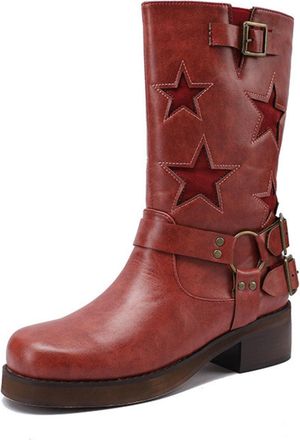 Generic Womens Round Toe PU Leather Mid-Calf Boots Block Heel Platform Boots Pull on Western Cowboy Boots,Red,2.5 UK