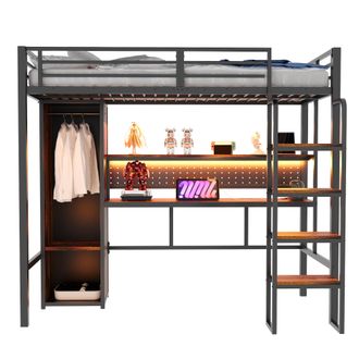 STILVORA Cama Alta 90 X 200 Cm Con Armario, Escritorio, Led Y Estante, Sin Colch&oacute;n, De Metal, Negro