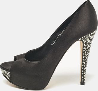 Gina Black Satin Crystal Embellished Peep Toe Pumps