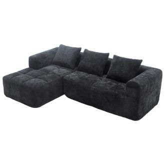 STILVORA Sof&aacute; Modular 3 Plazas En Chenilla Con M&eacute;ridienne, 2 Bolsillos Laterales Y 3 Cojines, Negro