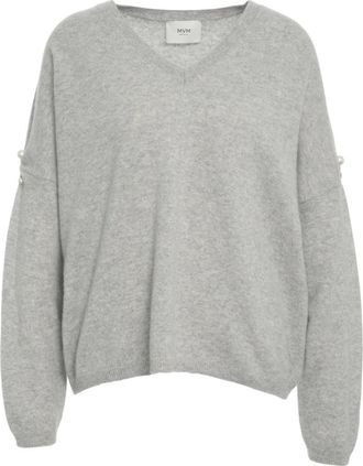 MVM Cashmere Knitwear, female, Gray, S, Cashmere V-Neck Jumper with Pearl Details
