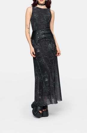 Disturbia Kosmara Map Print Mesh Maxi Dress in Black at Nordstrom, Size 16