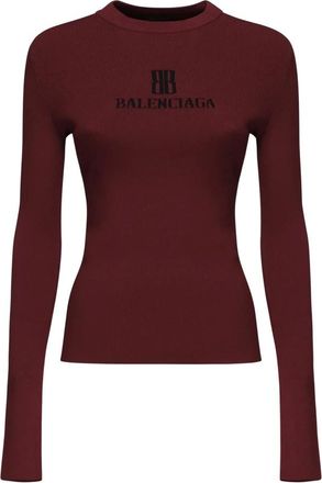 Balenciaga Round-neck Knitwear, female, Red, Size: M Ribbed Crewneck Long-Sleeved Fitted Top