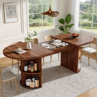 Merax Multifunctional Extendable Oval Dining Table with Hidden Storage in Brown
