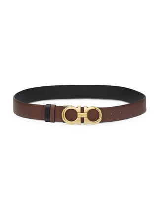 Ferragamo Leather Belt with Gold-Tone Double Gancini Buckle