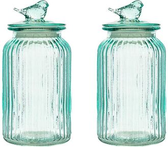 10 Strawberry Street Set Of 2 Textured Glass Bird Canisters, Ribbed Round